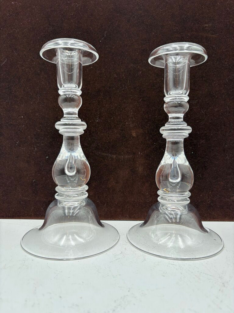 Stuben Glass Crystal Tear Drop Signed Candle Holder Set (Pair)