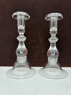 Stuben Glass Crystal Tear Drop Signed Candle Holder Set (Pair)
