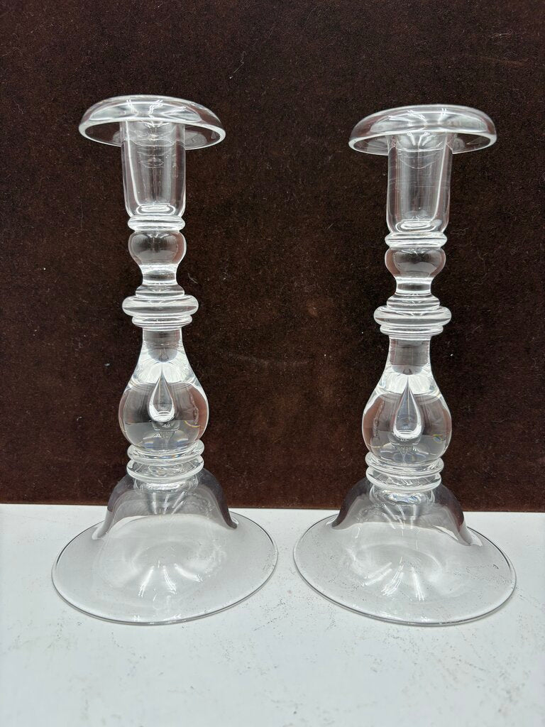Stuben Glass Crystal Tear Drop Signed Candle Holder Set (Pair)