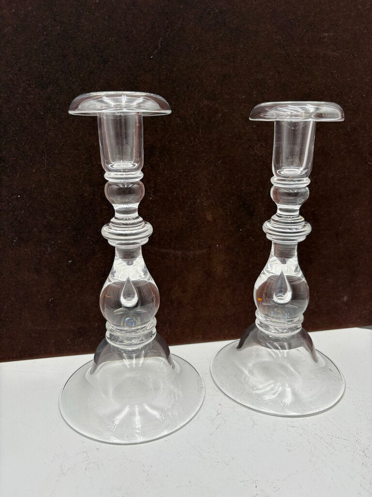 Stuben Glass Crystal Tear Drop Signed Candle Holder Set (Pair)
