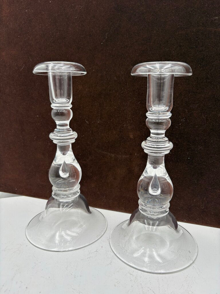 Stuben Glass Crystal Tear Drop Signed Candle Holder Set (Pair)