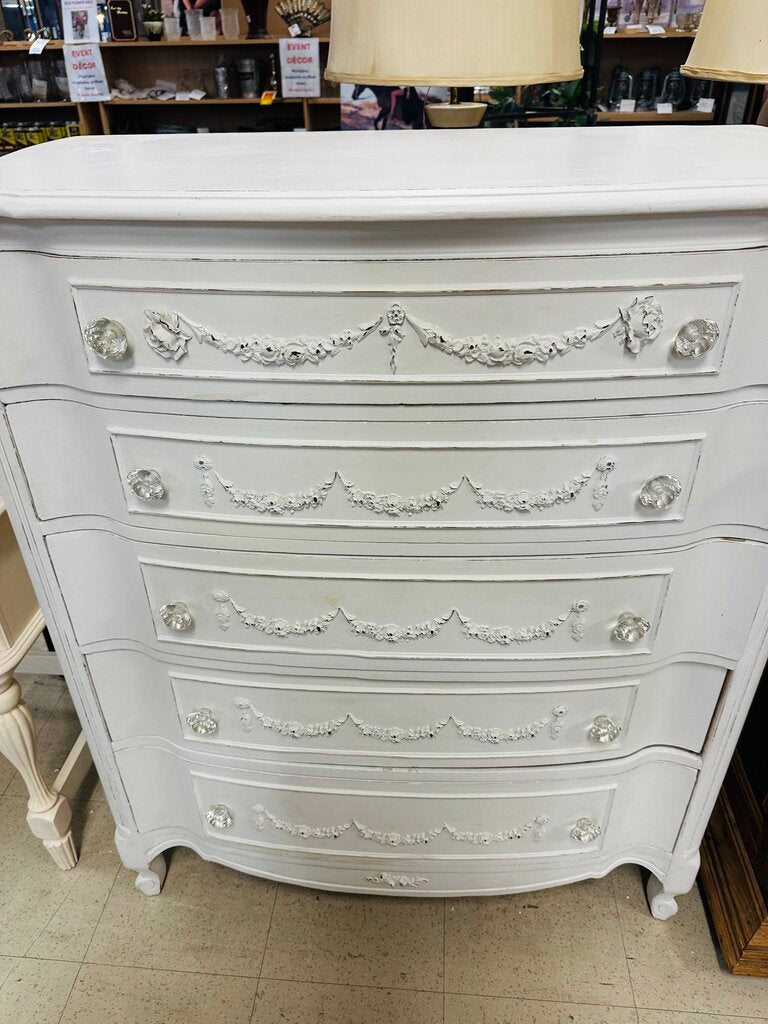 White Pearl French 5 Drawer Dresser 39x20x47
