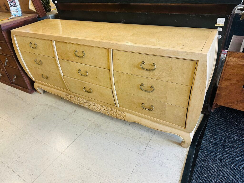 Century French Burl 9 Drawer Dresser + Mirror (dresser 74x19x33)