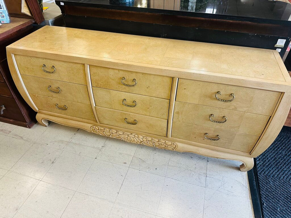 Century French Burl 9 Drawer Dresser + Mirror (dresser 74x19x33)