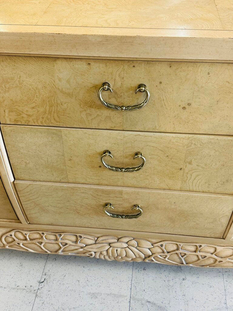 Century French Burl 9 Drawer Dresser + Mirror (dresser 74x19x33)