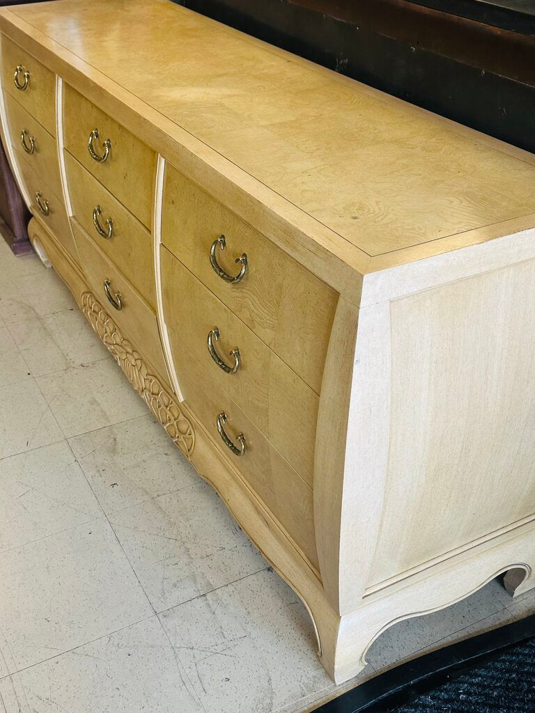 Century French Burl 9 Drawer Dresser + Mirror (dresser 74x19x33)