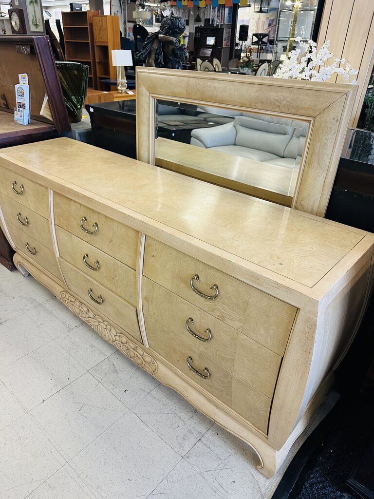 Century French Burl 9 Drawer Dresser + Mirror (dresser 74x19x33)