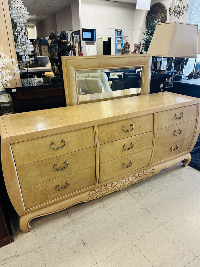 Century French Burl 9 Drawer Dresser + Mirror (dresser 74x19x33)