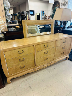 Century French Burl 9 Drawer Dresser + Mirror (dresser 74x19x33)