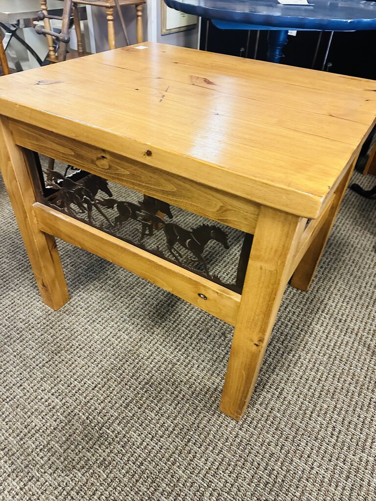 Wooden Side Table With Metal Horse Carvings 24x25x28