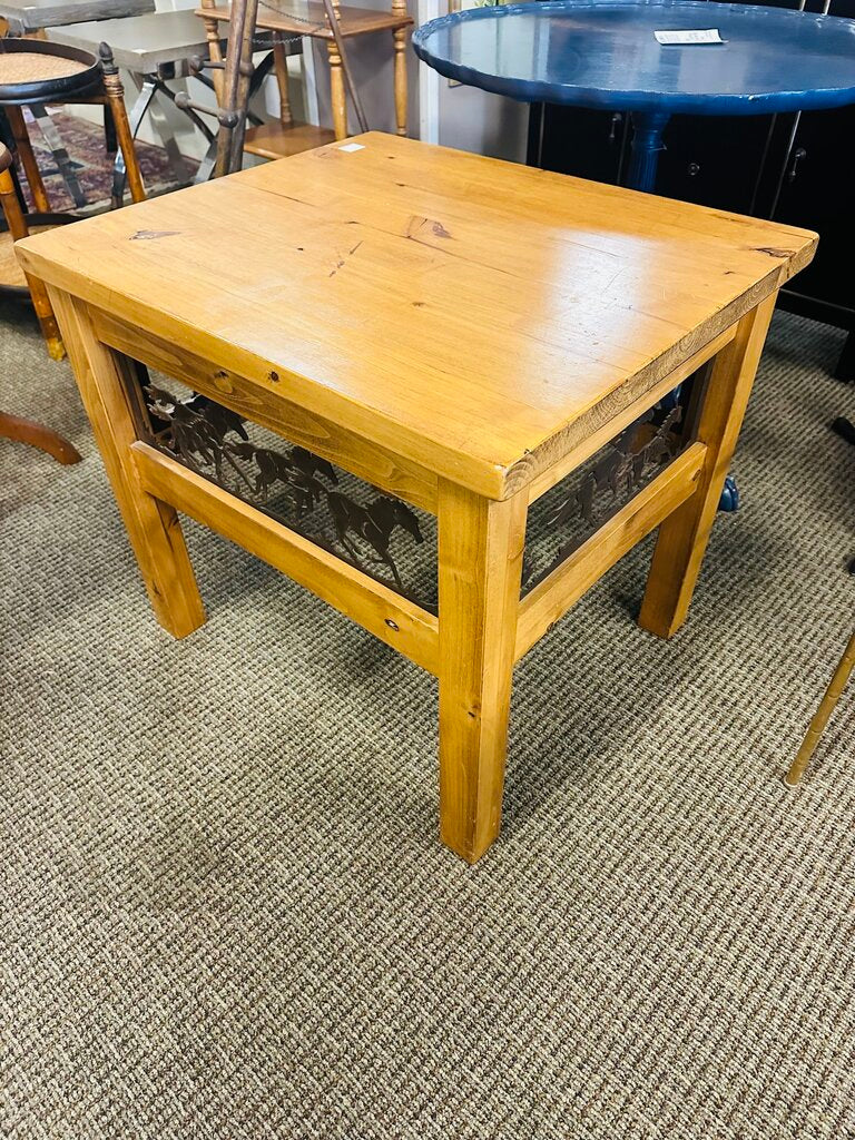 Wooden Side Table With Metal Horse Carvings 24x25x28