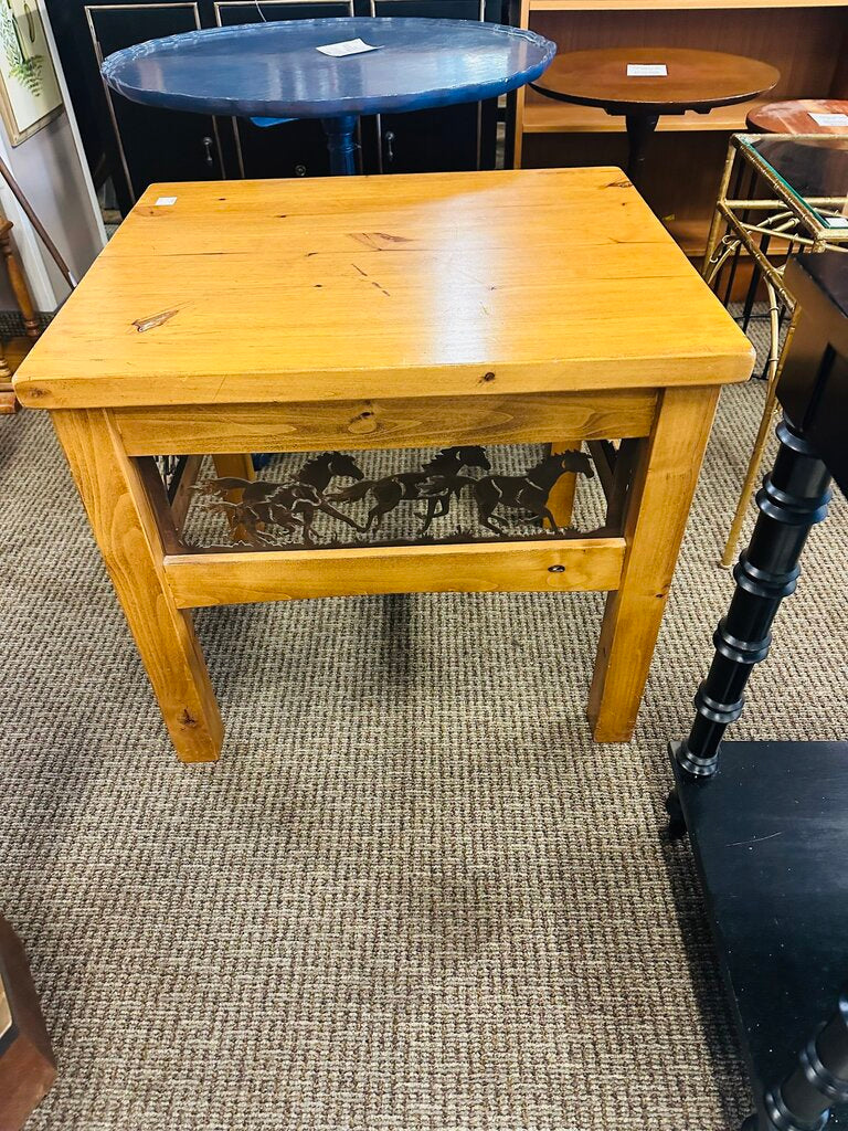 Wooden Side Table With Metal Horse Carvings 24x25x28