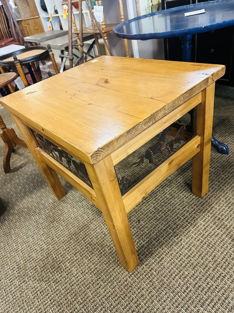 Wooden Side Table With Metal Horse Carvings 24x25x28