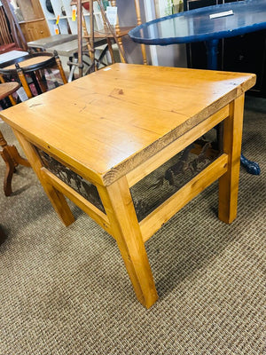 Wooden Side Table With Metal Horse Carvings 24x25x28