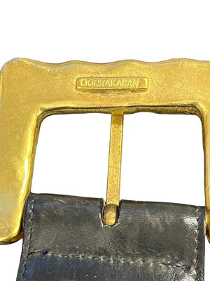 Vintage Donna Karan Black Leather Belt Gold & Pearl Buckle