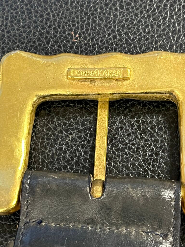 Vintage Donna Karan Black Leather Belt Gold & Pearl Buckle