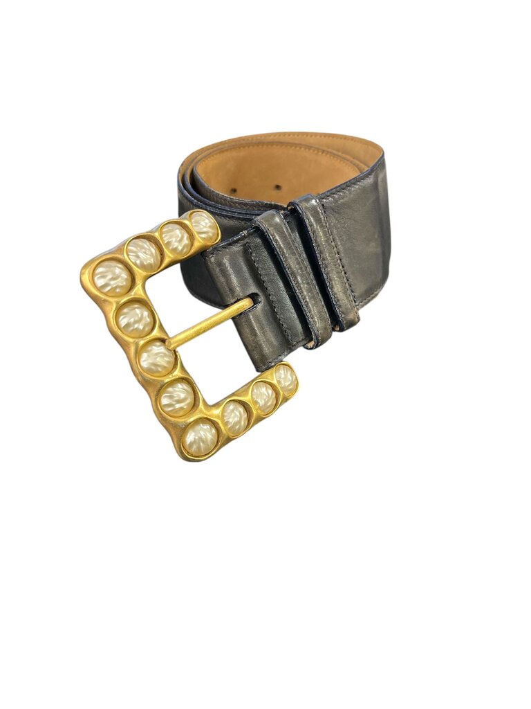 Vintage Donna Karan Black Leather Belt Gold & Pearl Buckle