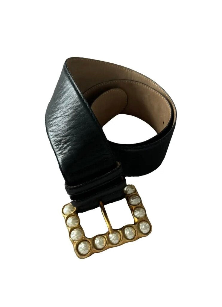 Vintage Donna Karan Black Leather Belt Gold & Pearl Buckle