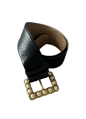 Vintage Donna Karan Black Leather Belt Gold & Pearl Buckle