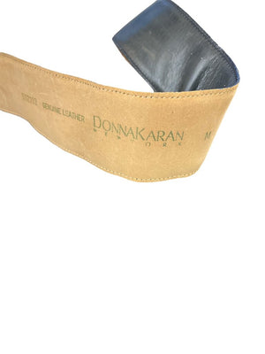 Vintage Donna Karan Black Leather Belt Gold & Pearl Buckle