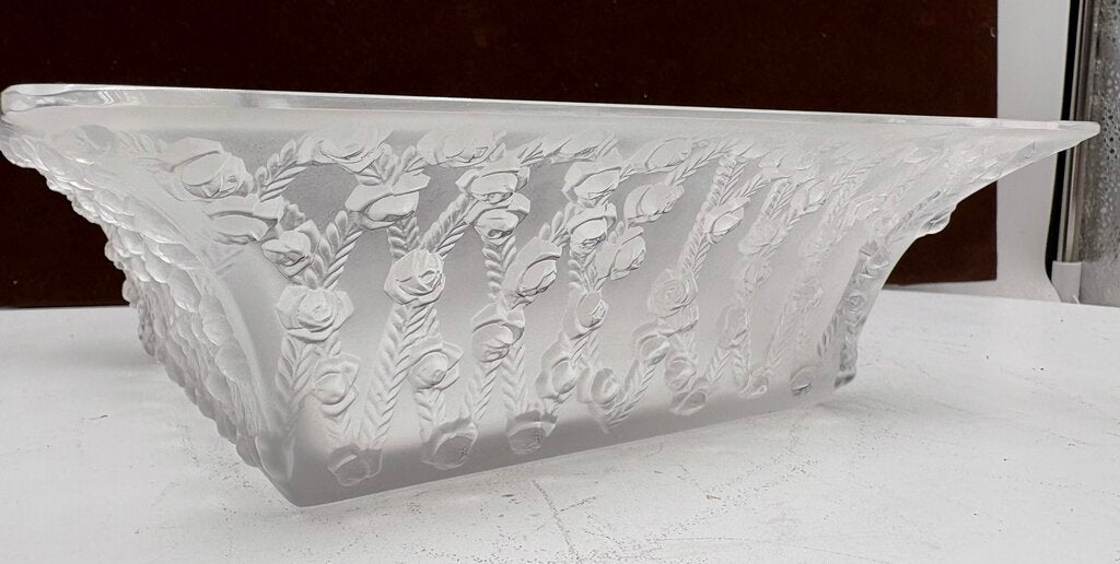 Rene Lalique Roses Square Crystal Bowl 9.6"