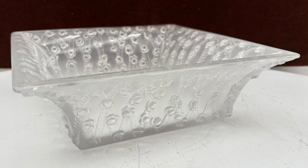 Rene Lalique Roses Square Crystal Bowl 9.6"