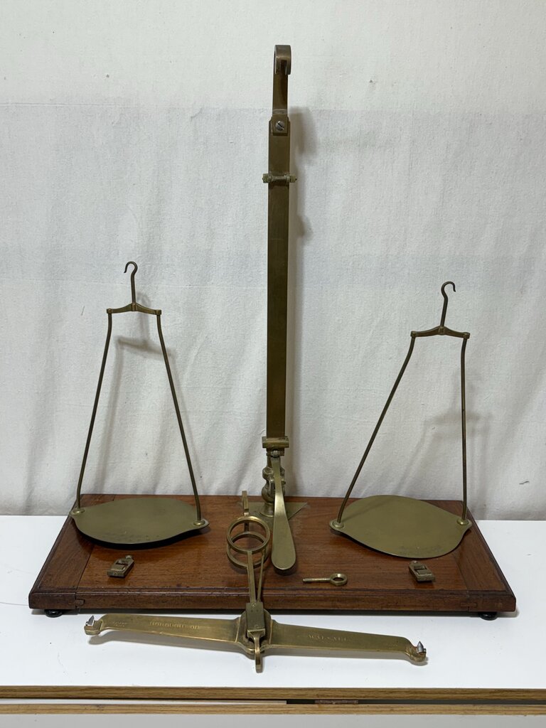 Late 19th C. DeGrave Brass & English Mahogany Balance (7Pcs)