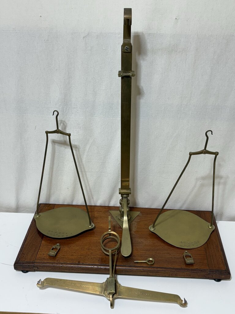 Late 19th C. DeGrave Brass & English Mahogany Balance (7Pcs)
