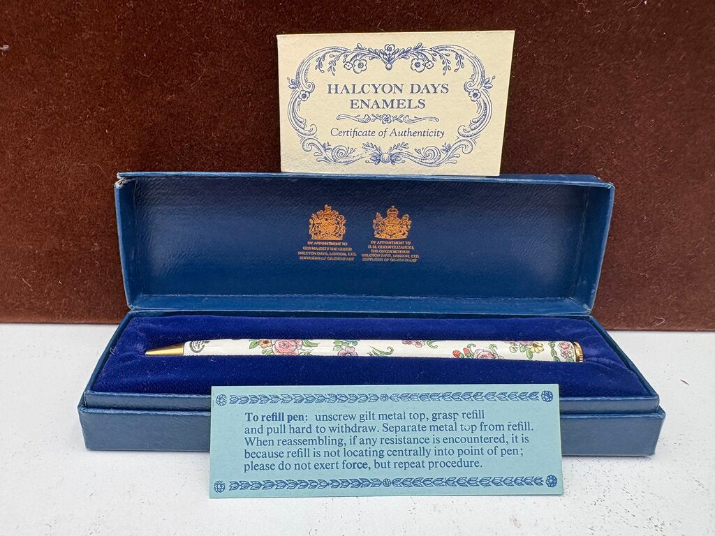 Halcyon Days English Enamel Floral Pen in Original Box (Not Working)