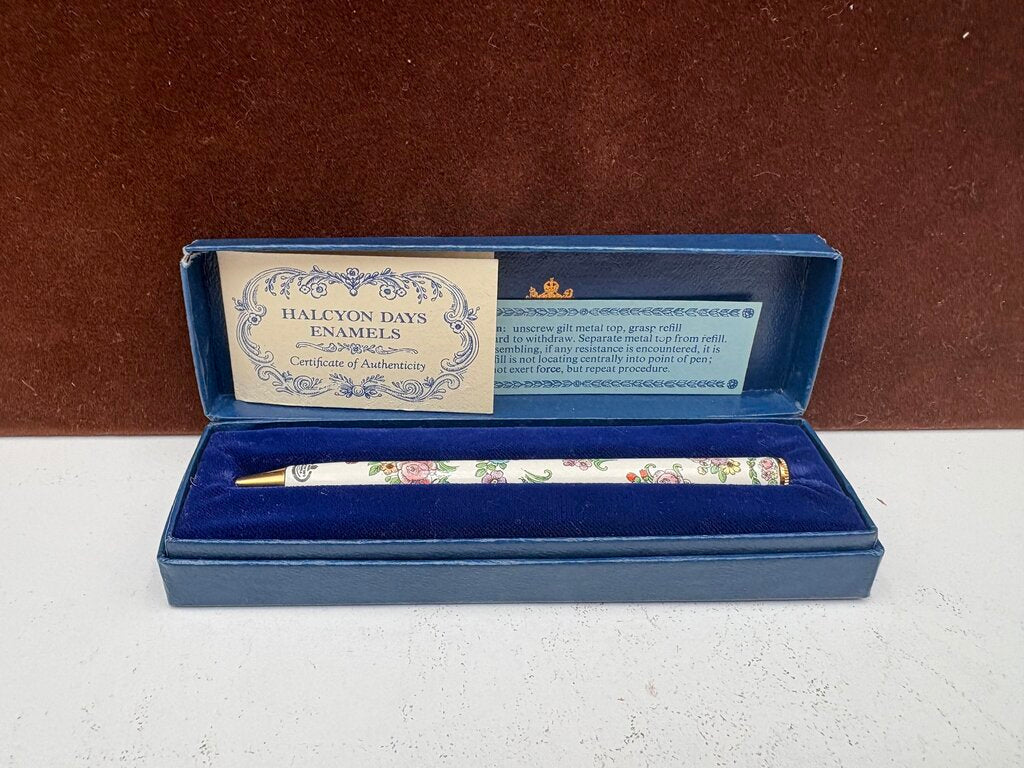 Halcyon Days English Enamel Floral Pen in Original Box (Not Working)