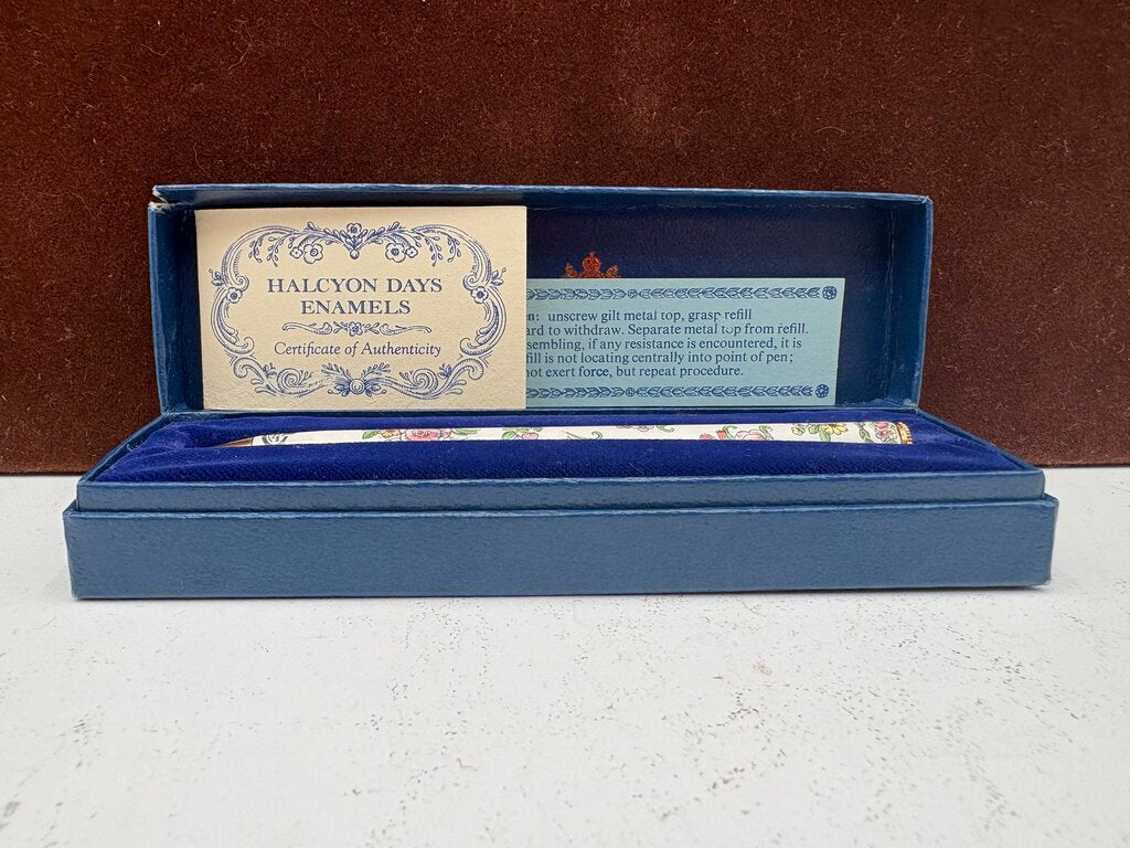 Halcyon Days English Enamel Floral Pen in Original Box (Not Working)