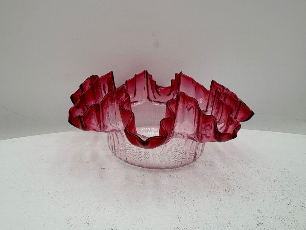 Fenton Art Glass Cranberry Ruffled Fluted Edge Clear Glass Dish