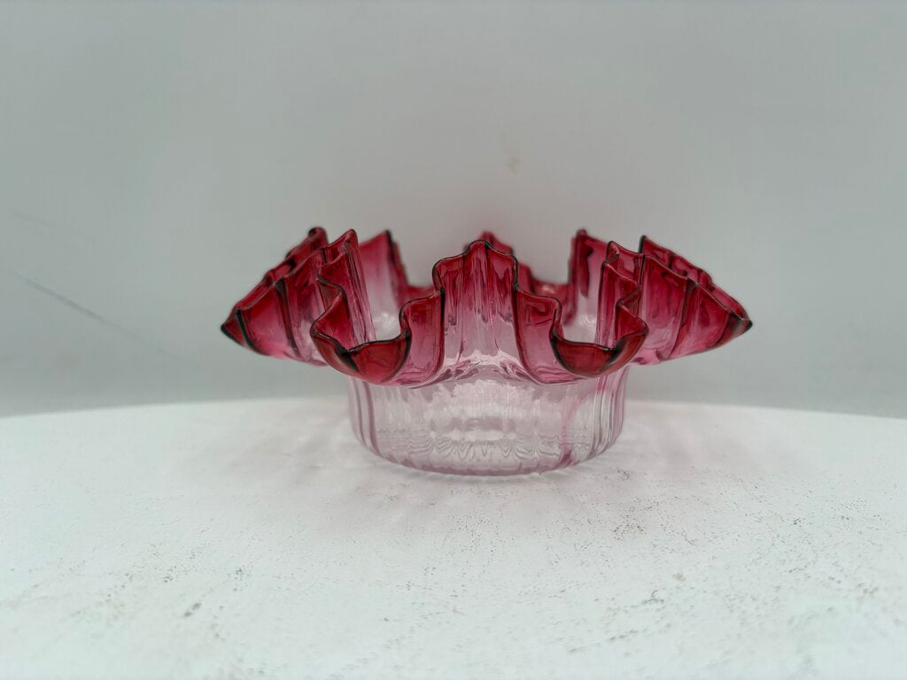 Fenton Art Glass Cranberry Ruffled Fluted Edge Clear Glass Dish