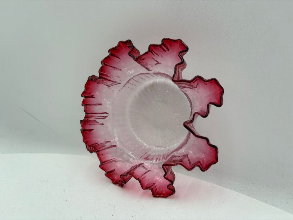 Fenton Art Glass Cranberry Ruffled Fluted Edge Clear Glass Dish