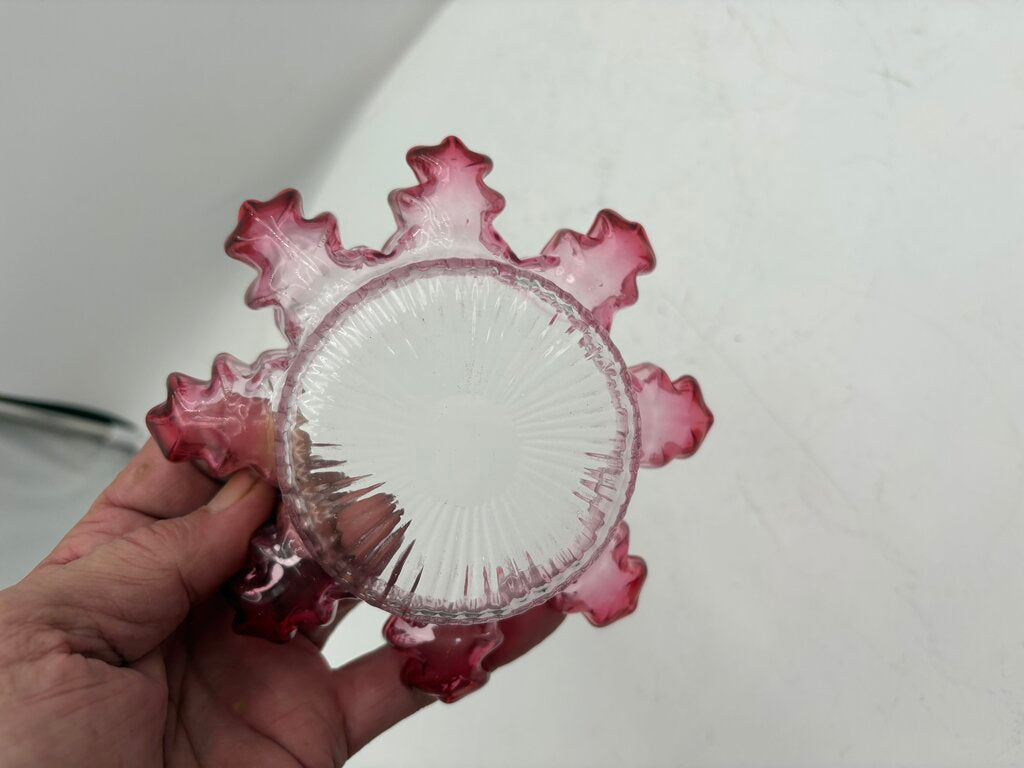 Fenton Art Glass Cranberry Ruffled Fluted Edge Clear Glass Dish