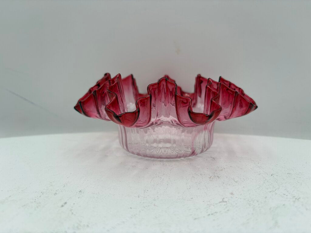 Fenton Art Glass Cranberry Ruffled Fluted Edge Clear Glass Dish
