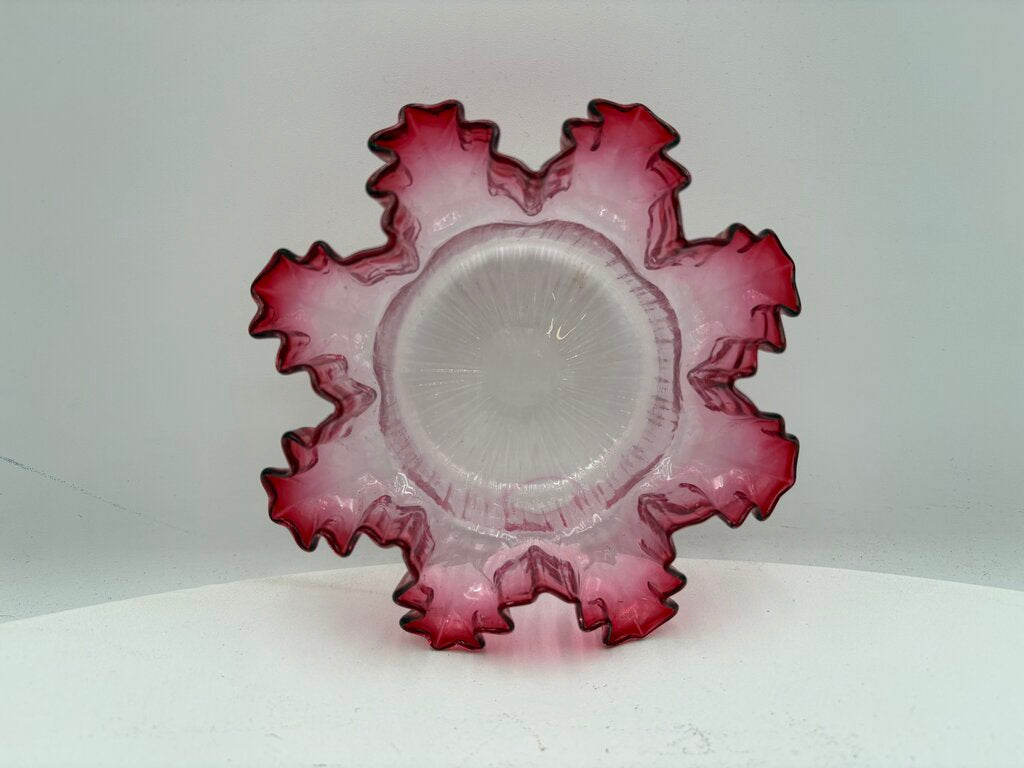 Fenton Art Glass Cranberry Ruffled Fluted Edge Clear Glass Dish