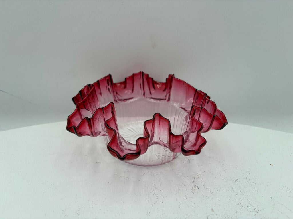 Fenton Art Glass Cranberry Ruffled Fluted Edge Clear Glass Dish