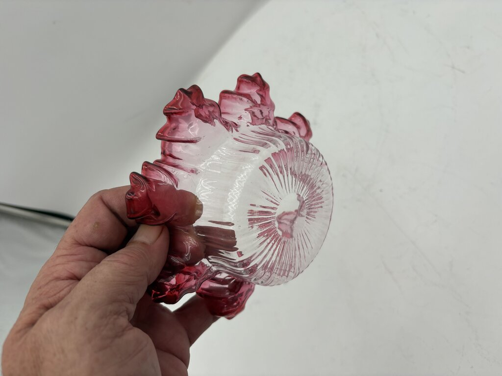 Fenton Art Glass Cranberry Ruffled Fluted Edge Clear Glass Dish