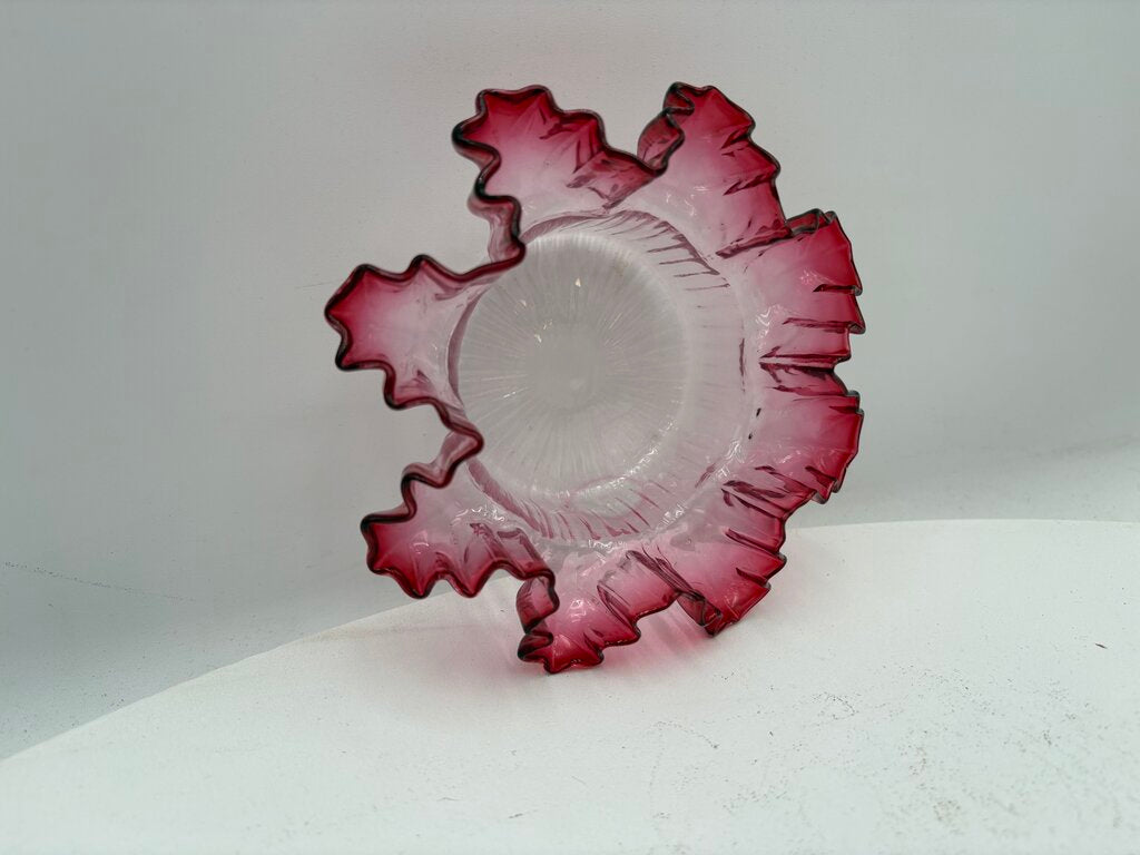 Fenton Art Glass Cranberry Ruffled Fluted Edge Clear Glass Dish