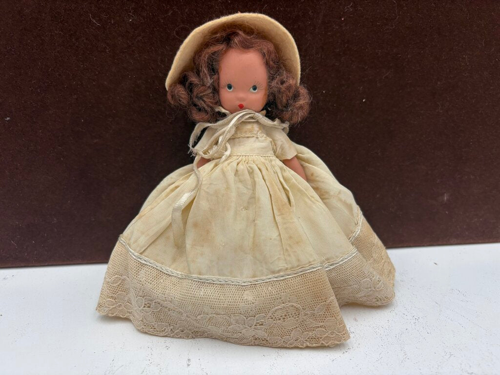 Vintage Story Book Doll USA Girl in Hat & Dress 7"
