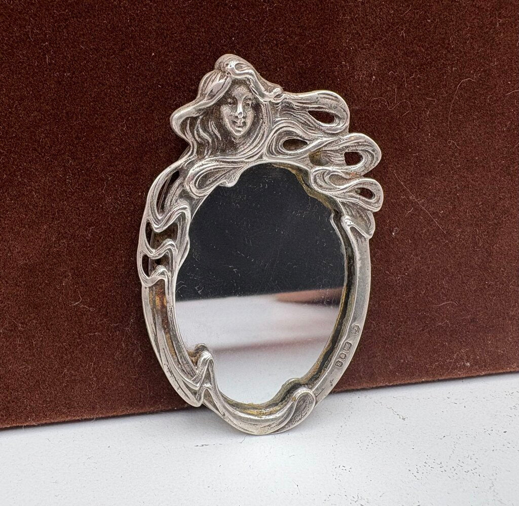 Kate Shea London 1982 Sterling Art Nouveau Female Figural Palm Size Mirror