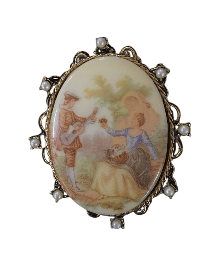 Vintage Victorian Revival Porcelain Courting Scene Brooch by Miss Daisy's Consignment & Auction House
