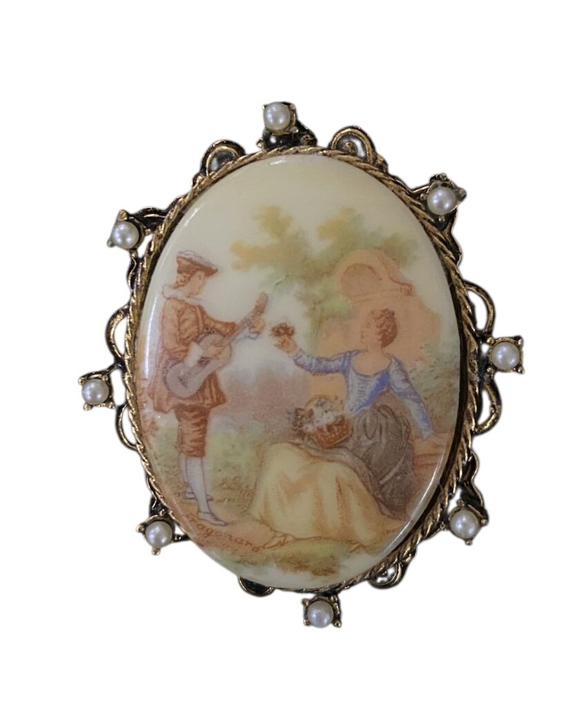 Vintage Victorian Revival Porcelain Courting Scene Brooch