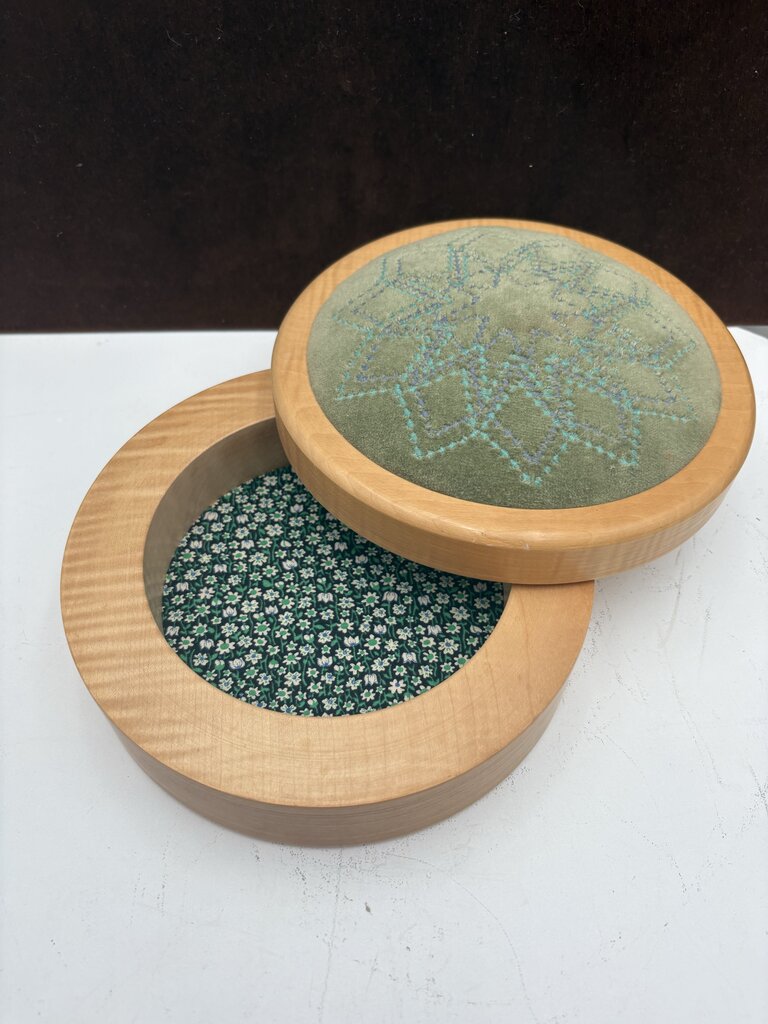 Figured Maple Pin Cushion Swivel Top Sewing Box