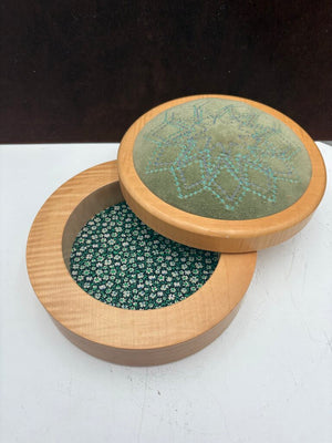 Figured Maple Pin Cushion Swivel Top Sewing Box