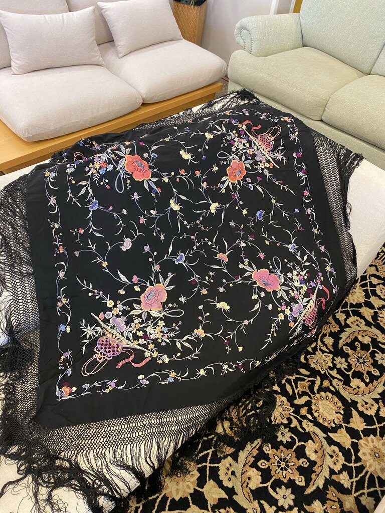 Vintage Black Embroidered Piano Shawl