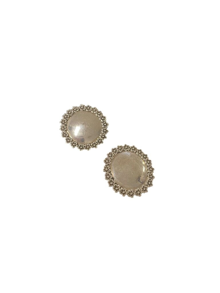 Round Silver Flower Border Earrings