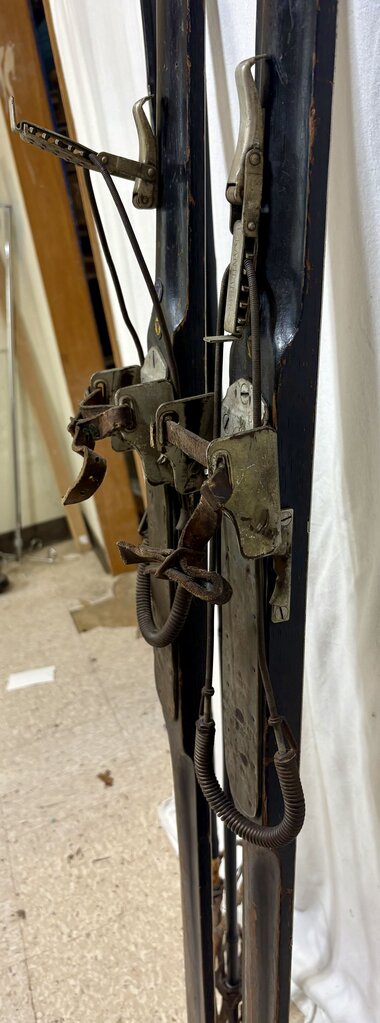 Early 20th C. 1920's Era Gebruder Schick Skis Kandahar Bindings w/ Plastic coated Bamboo Poles (4Pcs)