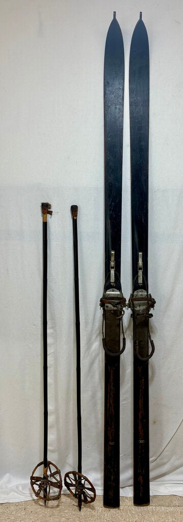 Early 20th C. 1920's Era Gebruder Schick Skis Kandahar Bindings w/ Plastic coated Bamboo Poles (4Pcs)